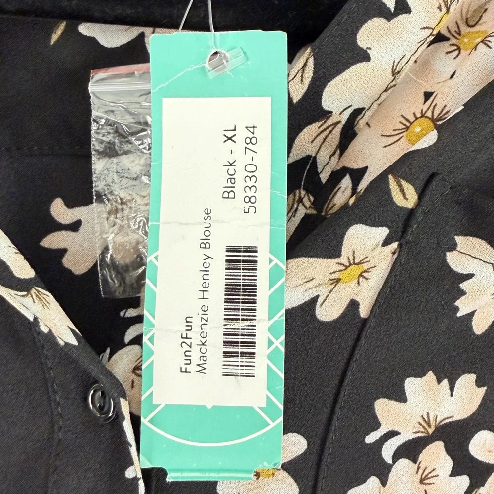 Fun2Fun Mackenzie Henley Blouse Black‎ Floral Roll Tab Sleeve Top XL